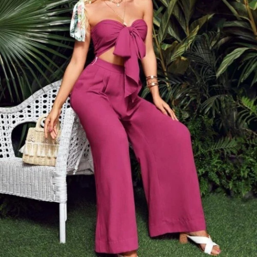 Boho Tie Front Tube Top & Pleated Wide Leg Pants Set pink violet
